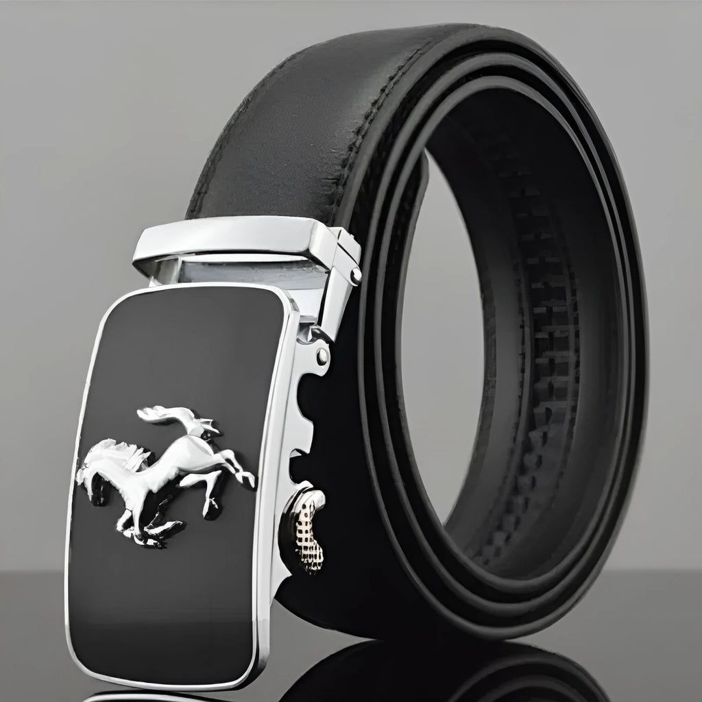Men's automatic buckle leather belt with cowhide construction and pattern design