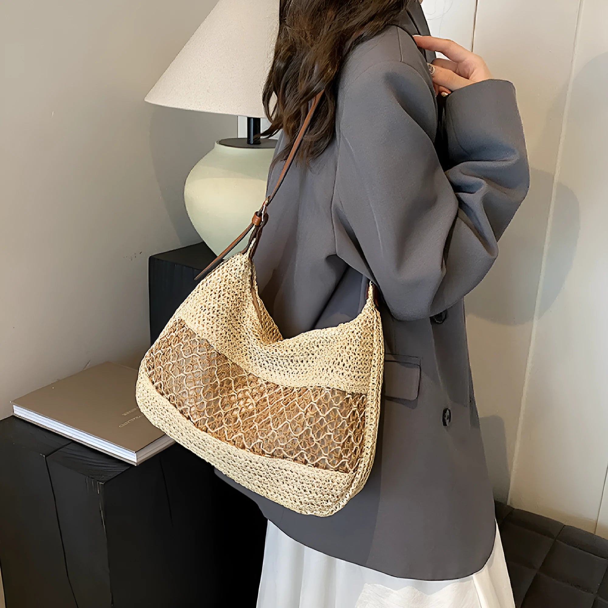 Women's casual straw cross body bag in khaki colour with horizontal square design and outer sandwich pocket