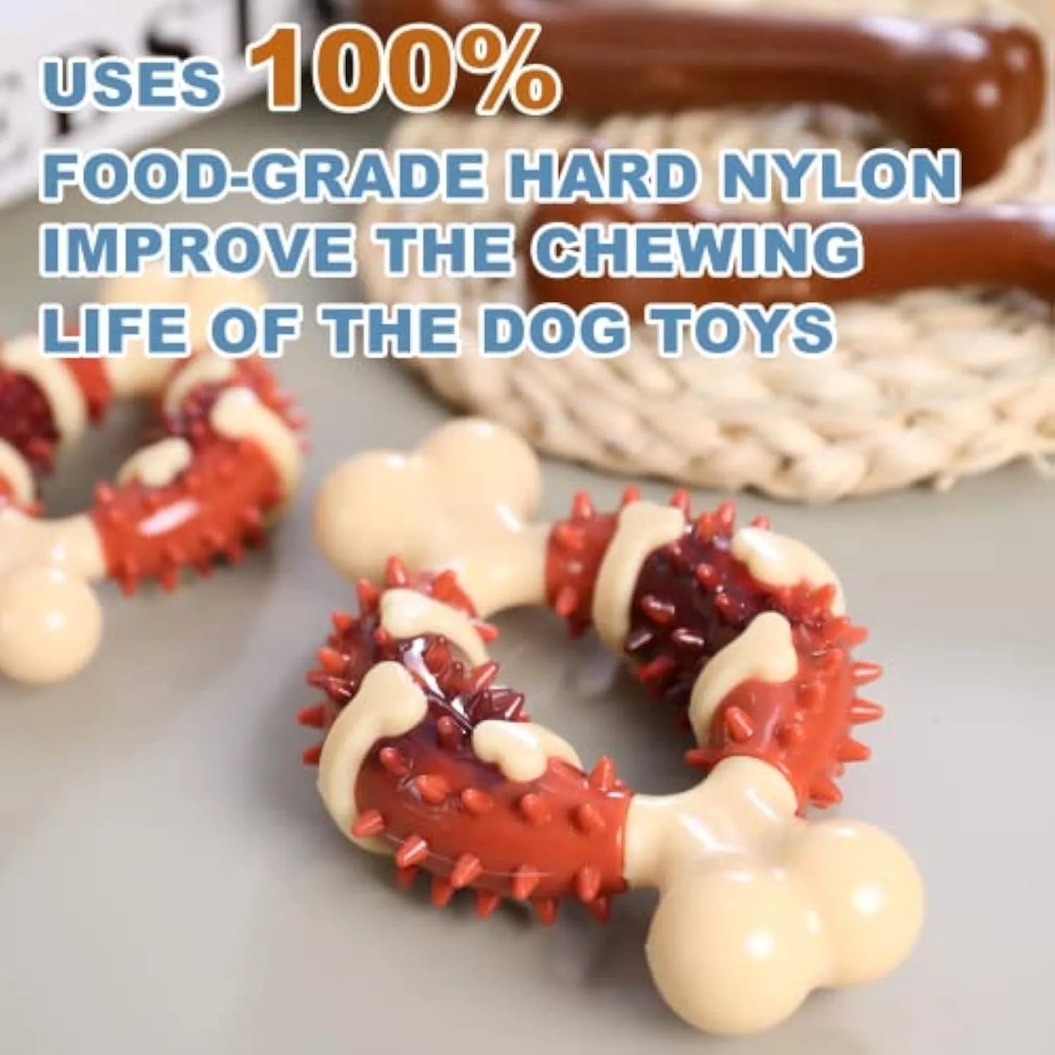 A bone-shaped natural rubber dog molar chew toy shown in two sizes for teeth grinding.