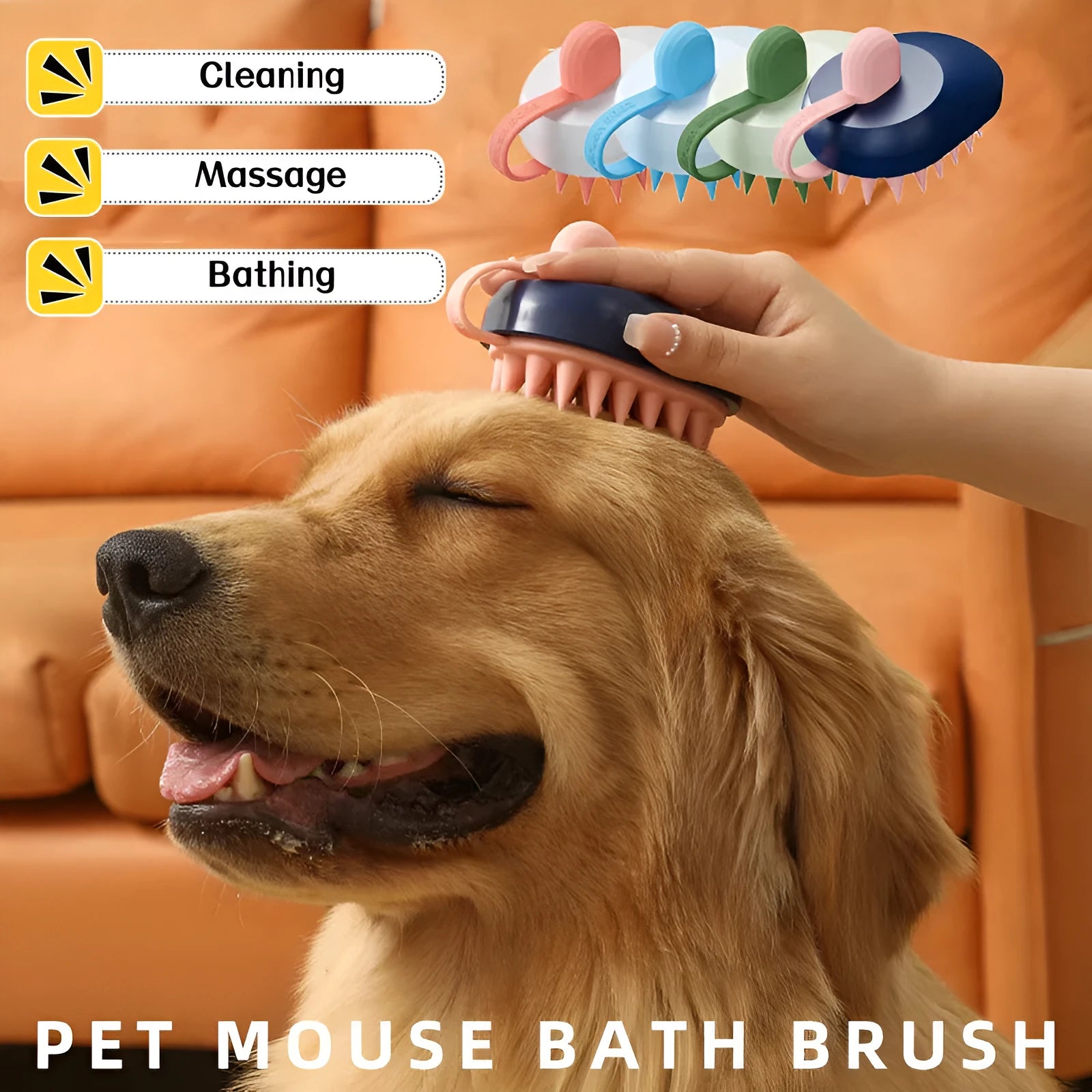 Soft silicone pet hair remover and massage brush for dogs in blue colour with ABS handle.