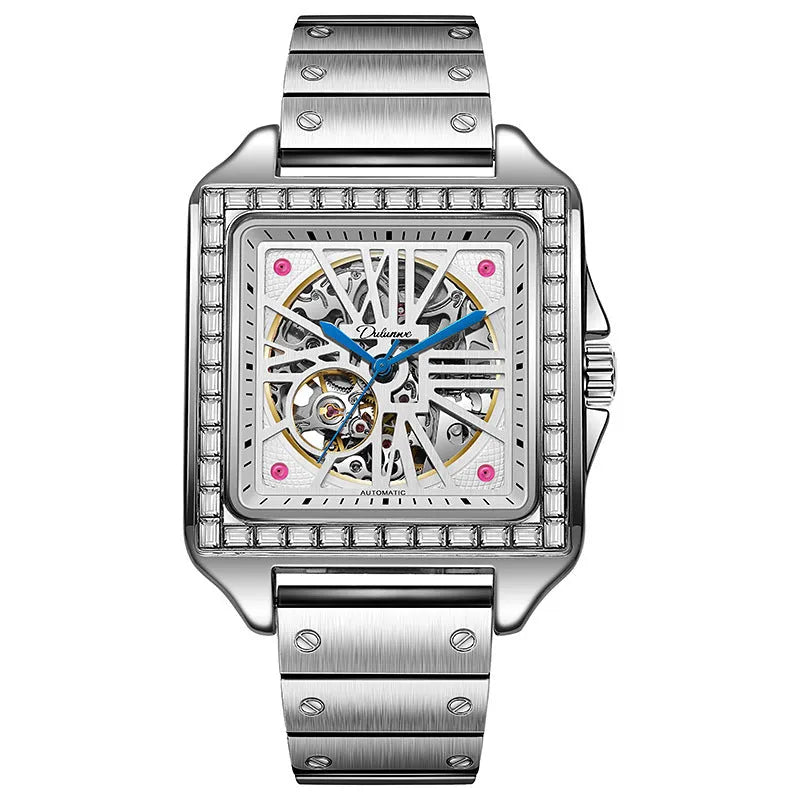 Men's square automatic watch with diamond-studded design on stainless steel case with leather strap
