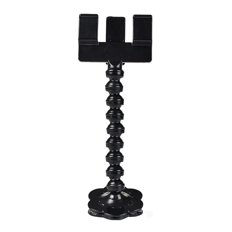 Black pet photography tool holding a mobile phone and a dog treat, on a white background.