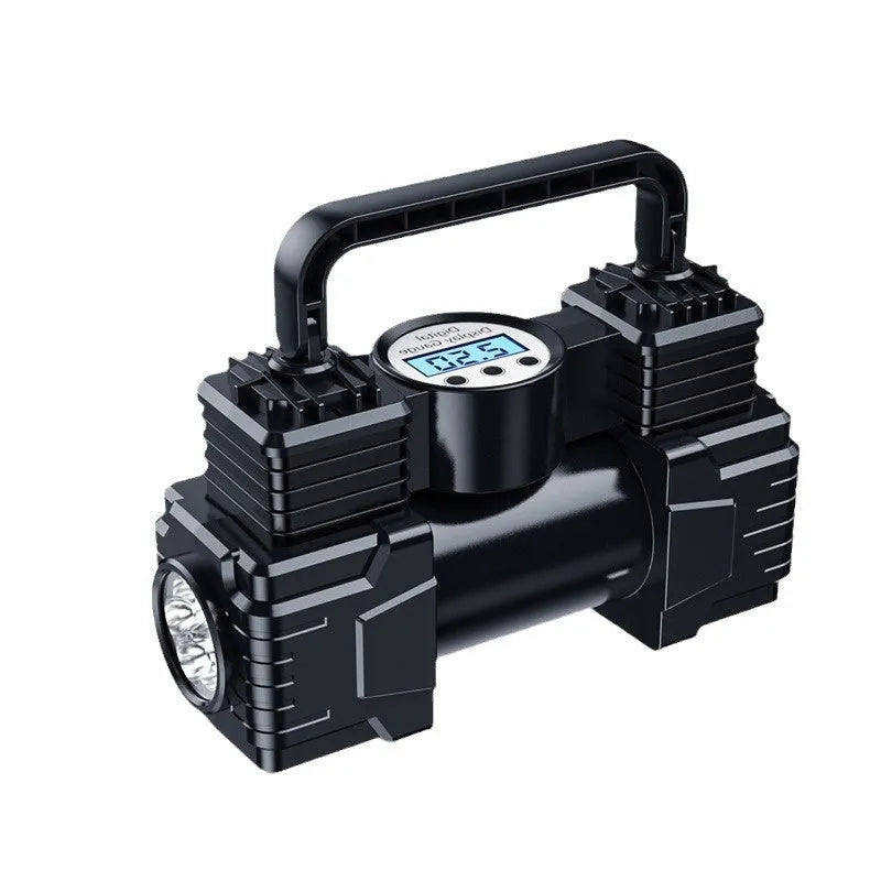 High-power portable car inflator with double cylinder digital display, battery clip, and air nozzle on black background