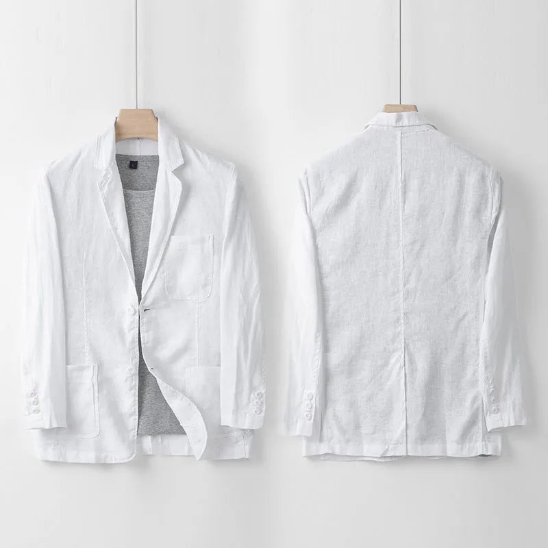 Men's loose fit linen casual blazer jacket on a hanger, shown in a solid colour.
