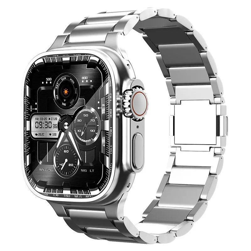 Titanium alloy magnetic snap watch strap for Apple Watch in silver colour on a wrist