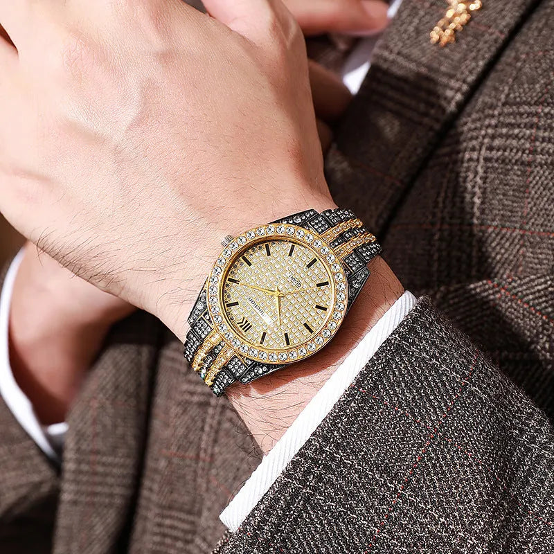 Fashion starry quartz watch with 40mm dial, spiral crown, and stainless steel buckle in black gold finish