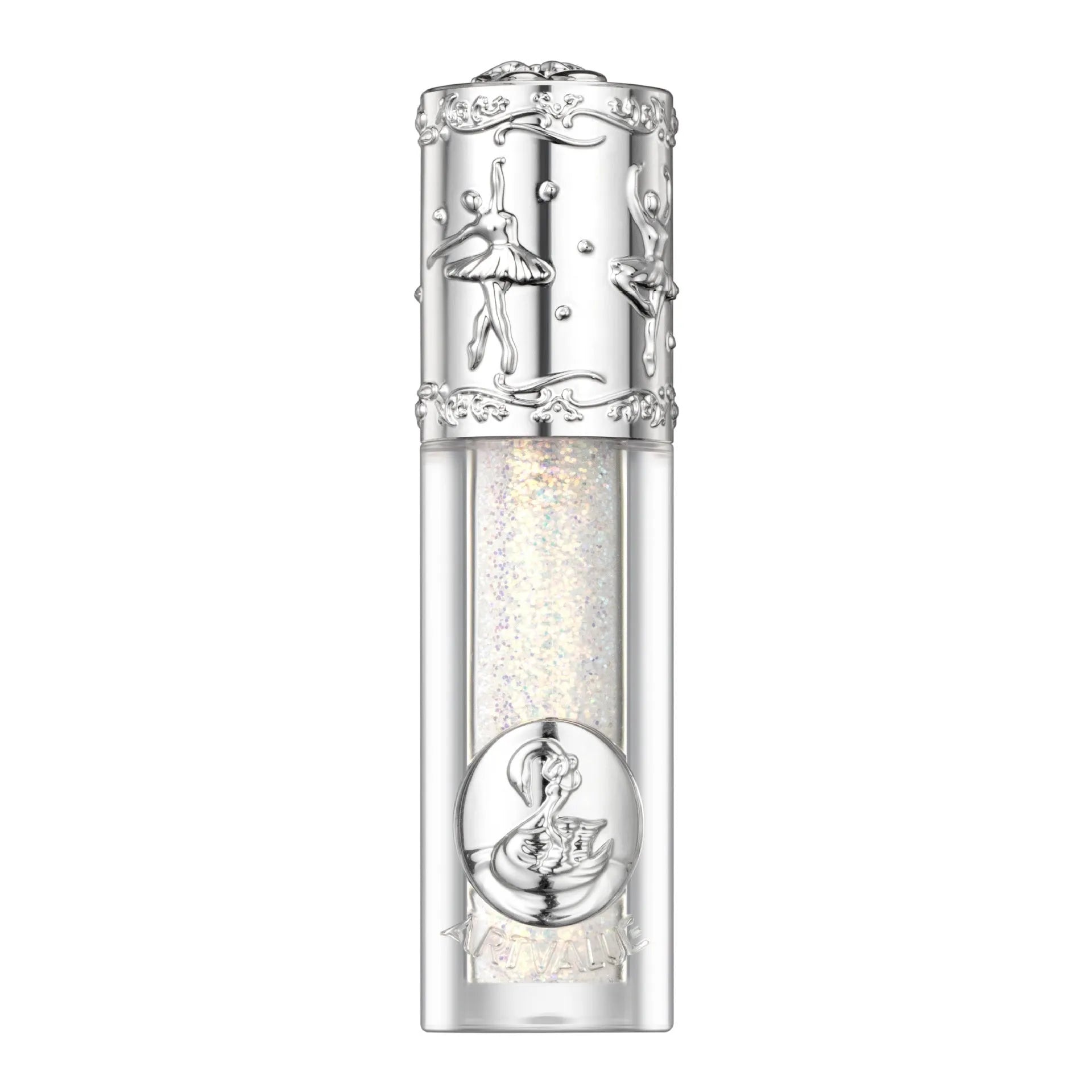 Ballet liquid eye shadow showing five colour options including pink glitter, brown shimmer, purple metallic, nude matte and silver glitter finishes