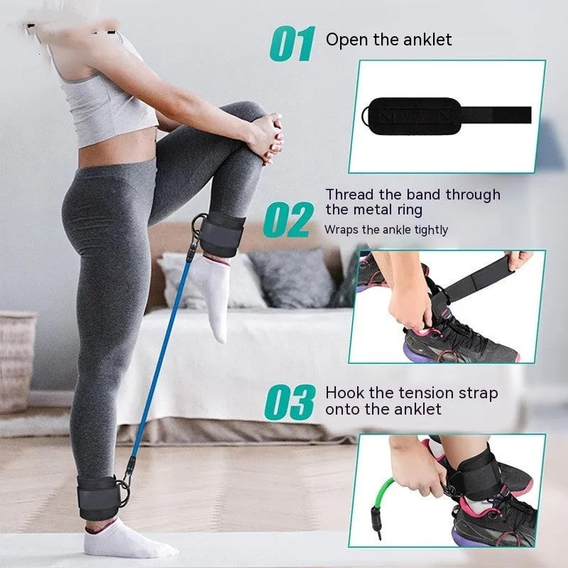 Set of three TPE resistance bands (10lb, 20lb, 30lb) with ankle buckles and foot loops for leg exercises.