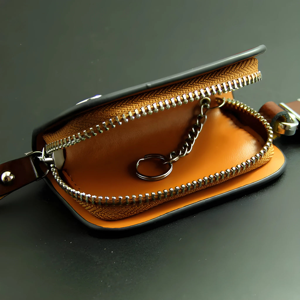 Soft cowhide leather car key case with frosted finish in black or brown colour