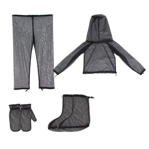 Adult wearing a light grey mesh anti-mosquito suit with hood, full-length pants, and booties for outdoor protection.