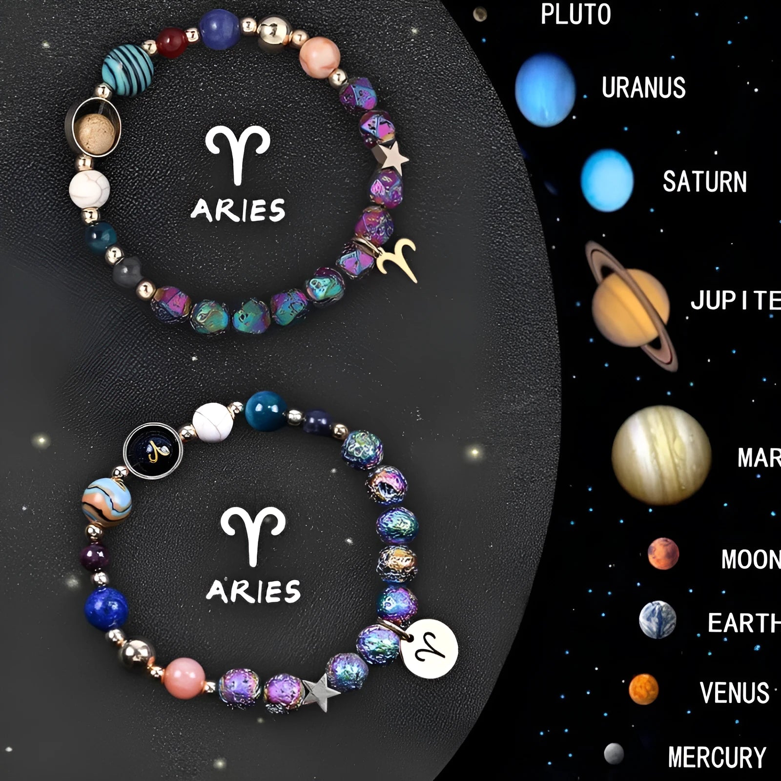 Two natural stone beaded bracelets showing different zodiac sign charms on an adjustable cord.