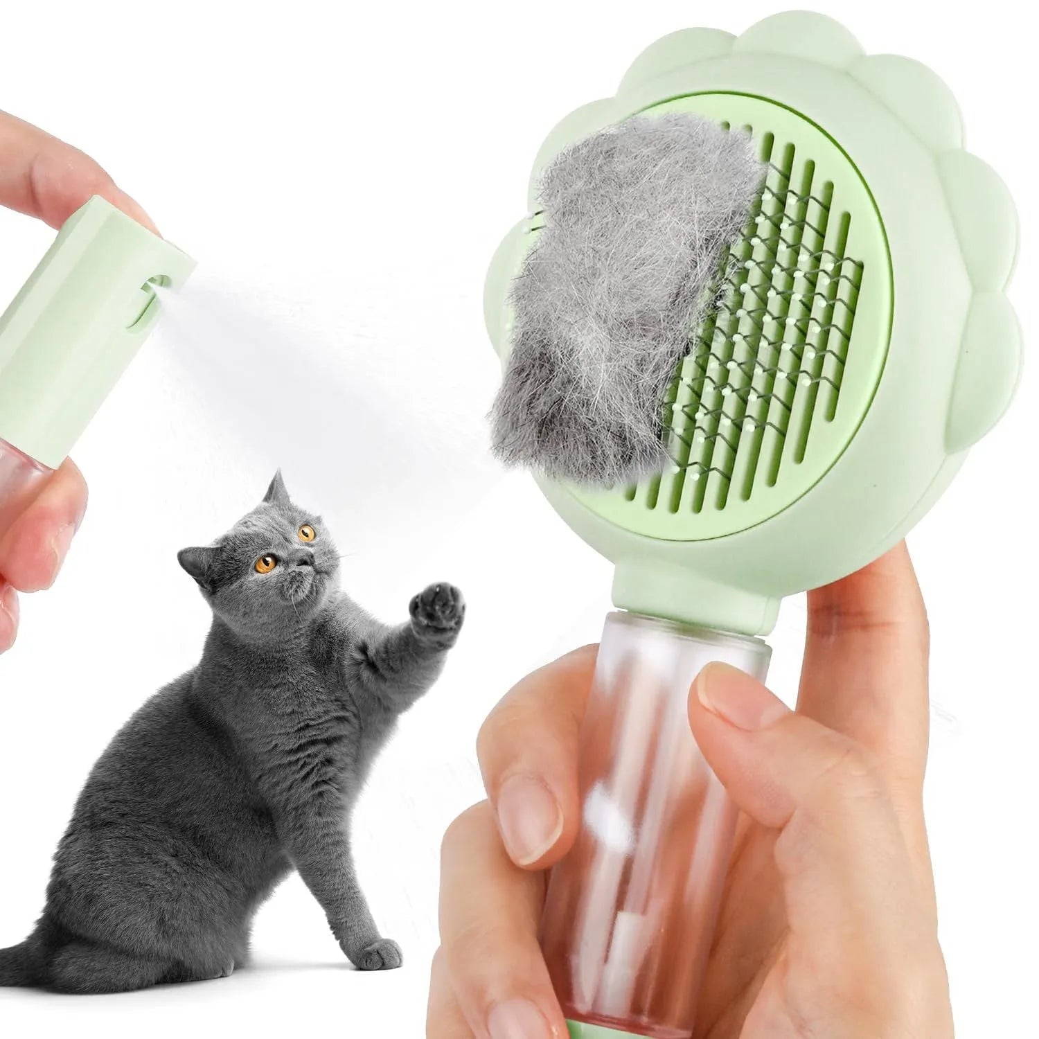 Grey spray cat grooming brush with self-cleaning button and curved stainless steel bristles on a white background.