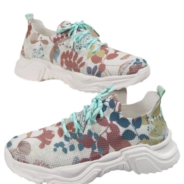 Flyknit slip-on light running shoes with 3D printed flowers, breathable mesh upper, flat heel, available in multiple colours