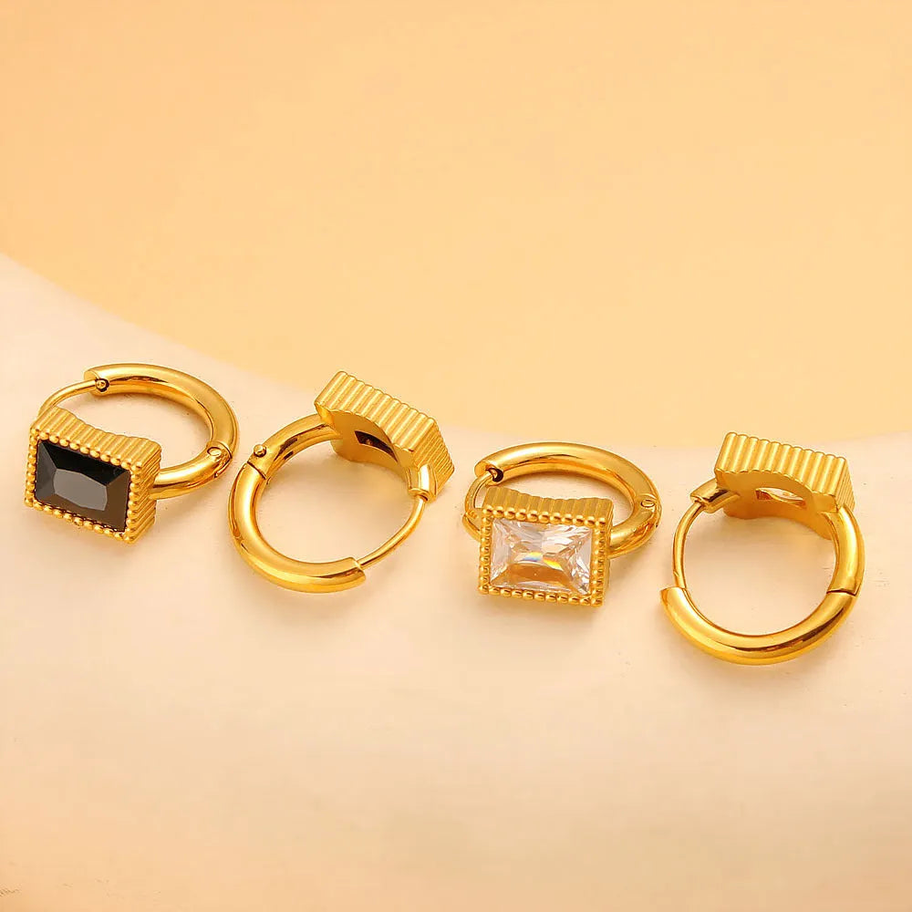 Square zircon geometric earrings in stainless steel with round ring elements
