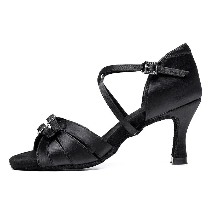 Latin dance high heel shoes with real silk upper, leather sole, and soft bottom in black, brown, and skin colour, 5.5cm and 7.5cm heel