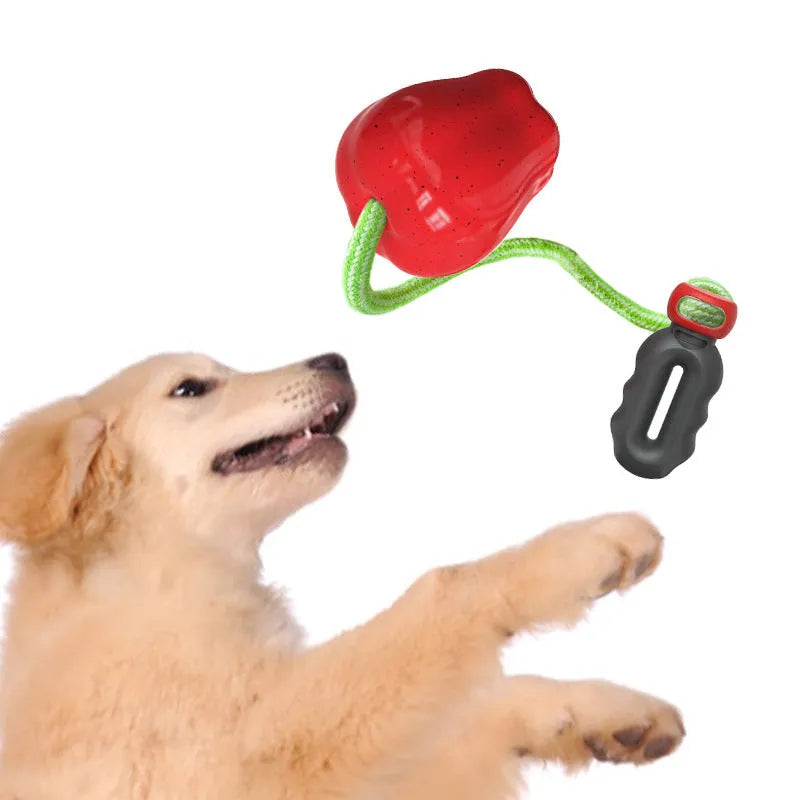 Green apple-shaped plastic dog chew toy with food slot and stem details