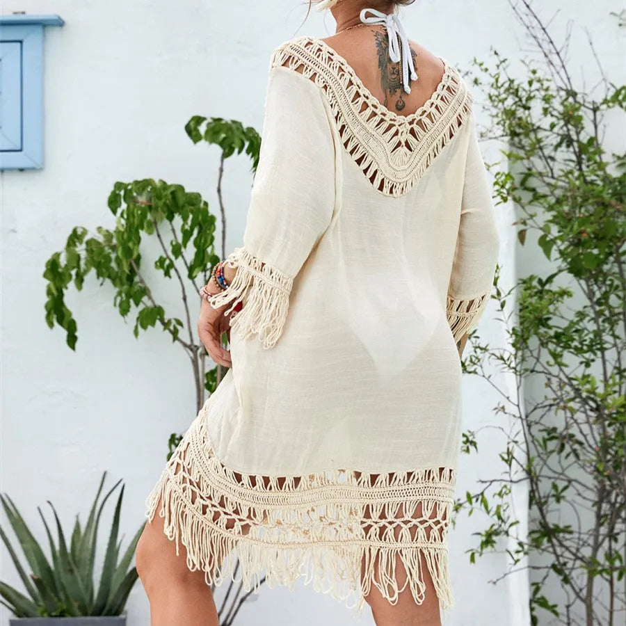 Women's apricot crocheted knitted patchwork beach dress with half sleeves and mid-length skirt in free size
