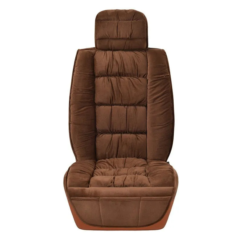 Winter short plush car seat cushion set in grey, showing wool cotton filler and polyester cover.