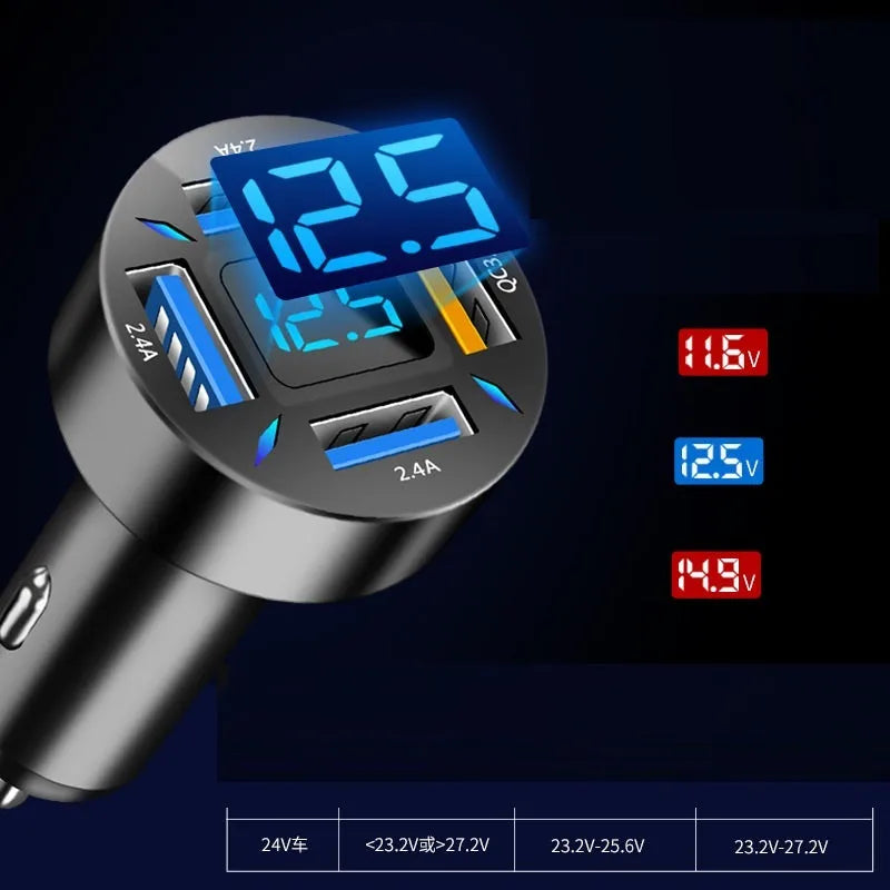 Black four-port USB car charger with digital LED display, shown plugged into a car dashboard.