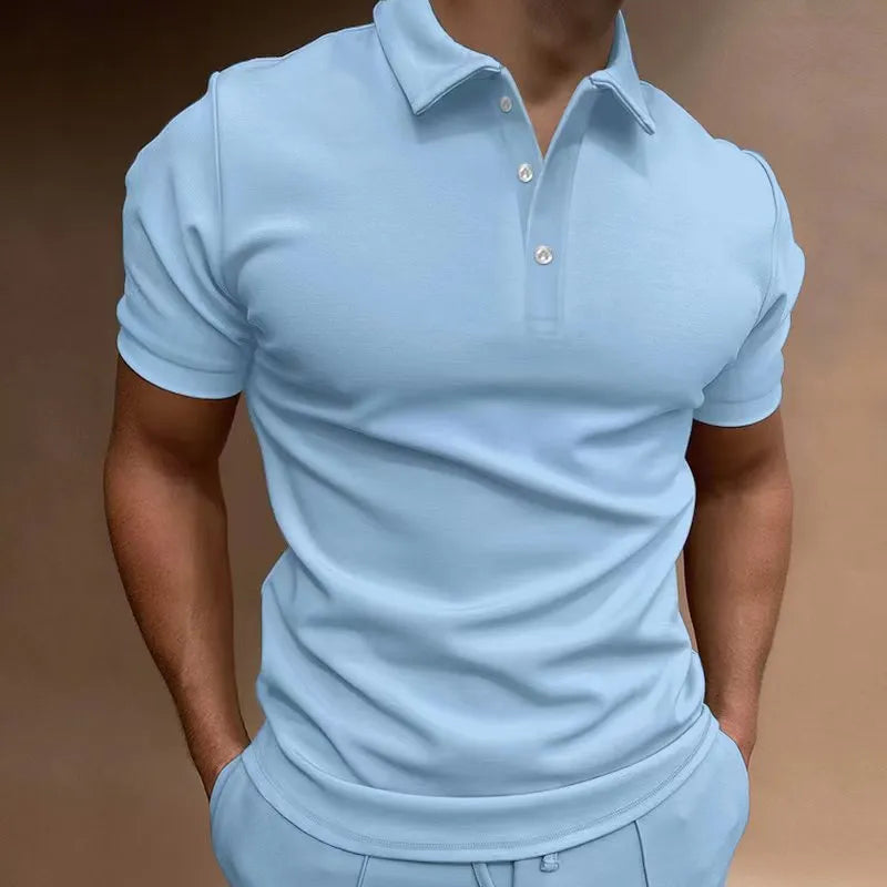 Men's button T-shirt in cotton blend fabric with spandex, loose fit casual styling in seven colour options