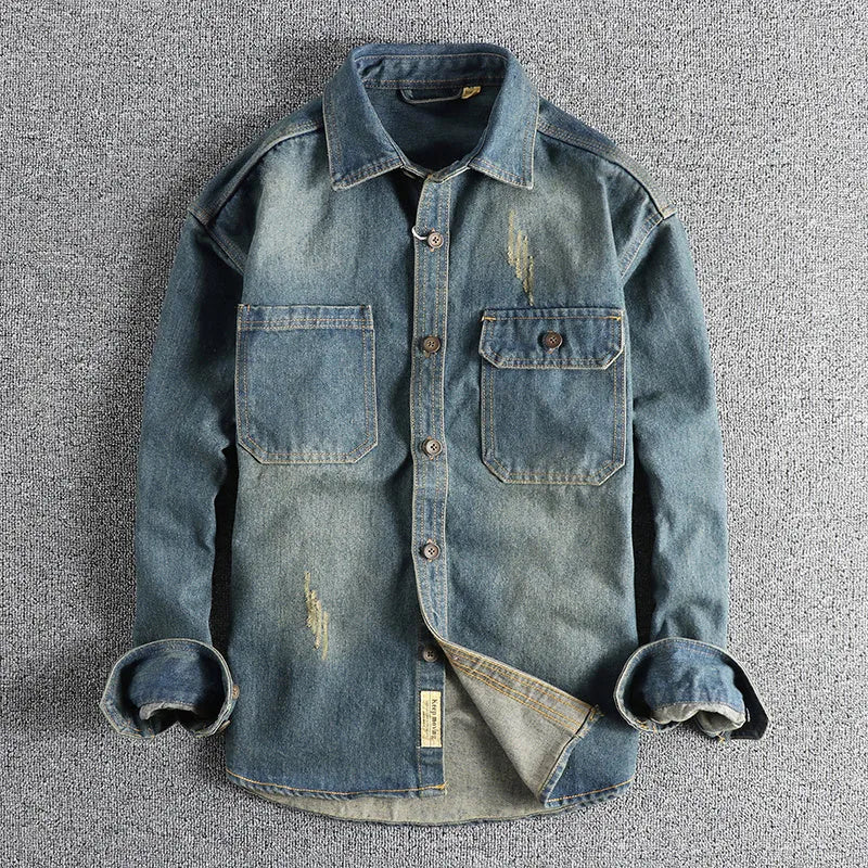Men's light blue washed vintage denim shirt with long sleeves and loose fit