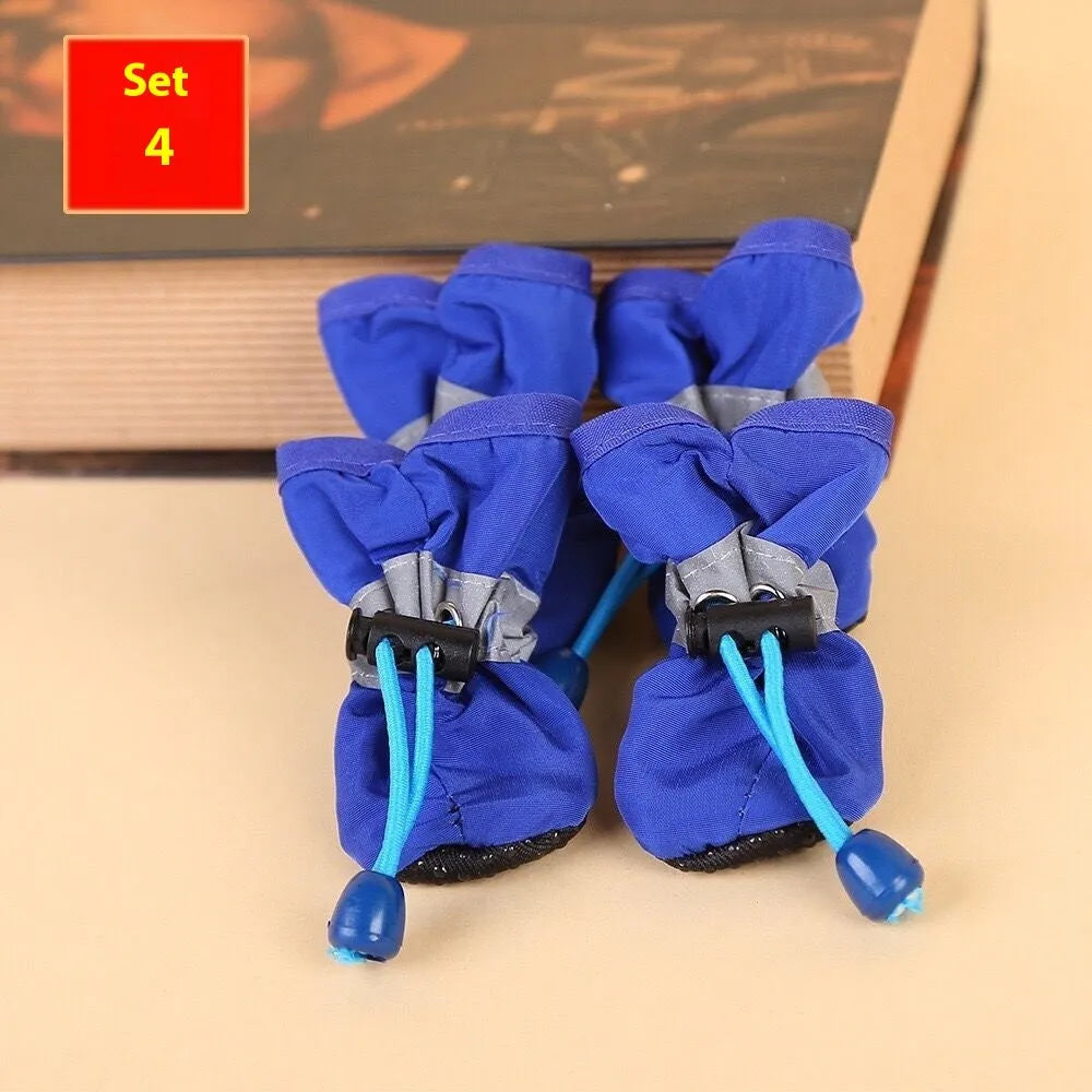 Set of four dog shoes in cloth material with soft soles, shown in multiple colour options including fleece-lined variants