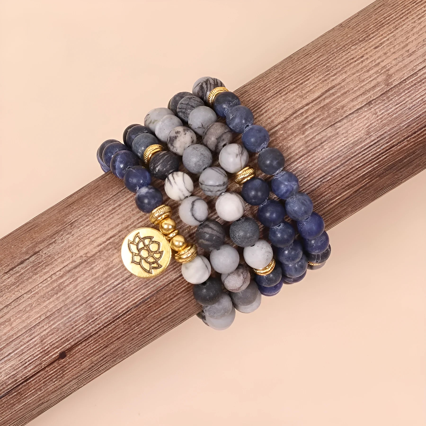 Blue patterned network stone beads on multi-layer alloy bracelet with fresh sweet style