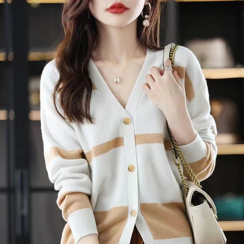 Women's striped knitted cardigan with 3D pattern texture and V-neck