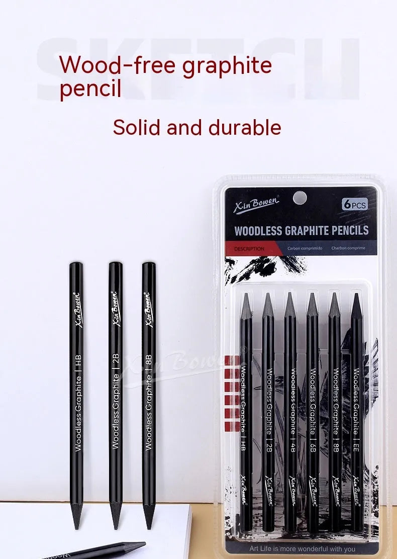 Set of six wood-free graphite sketching pencils in HB, 2B, 4B, 6B, 8B and EE grades