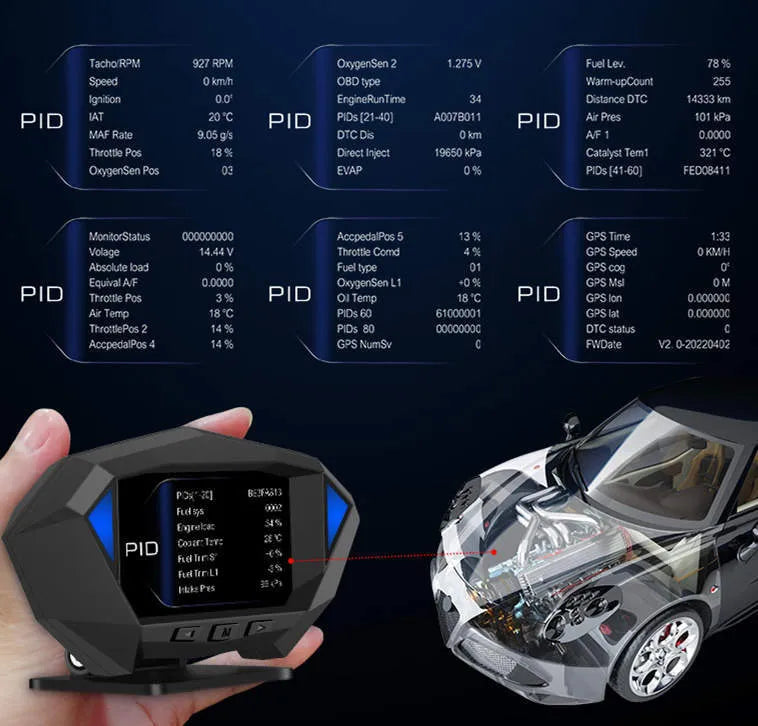 Black P1 HD LCD Vehicle HUD Head Up Display with OBD2 cable and anti-slip pad on dashboard