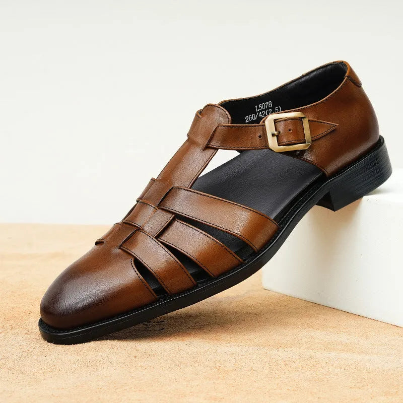 Genuine leather retro business summer men's shoes in brown and black with rubber sole