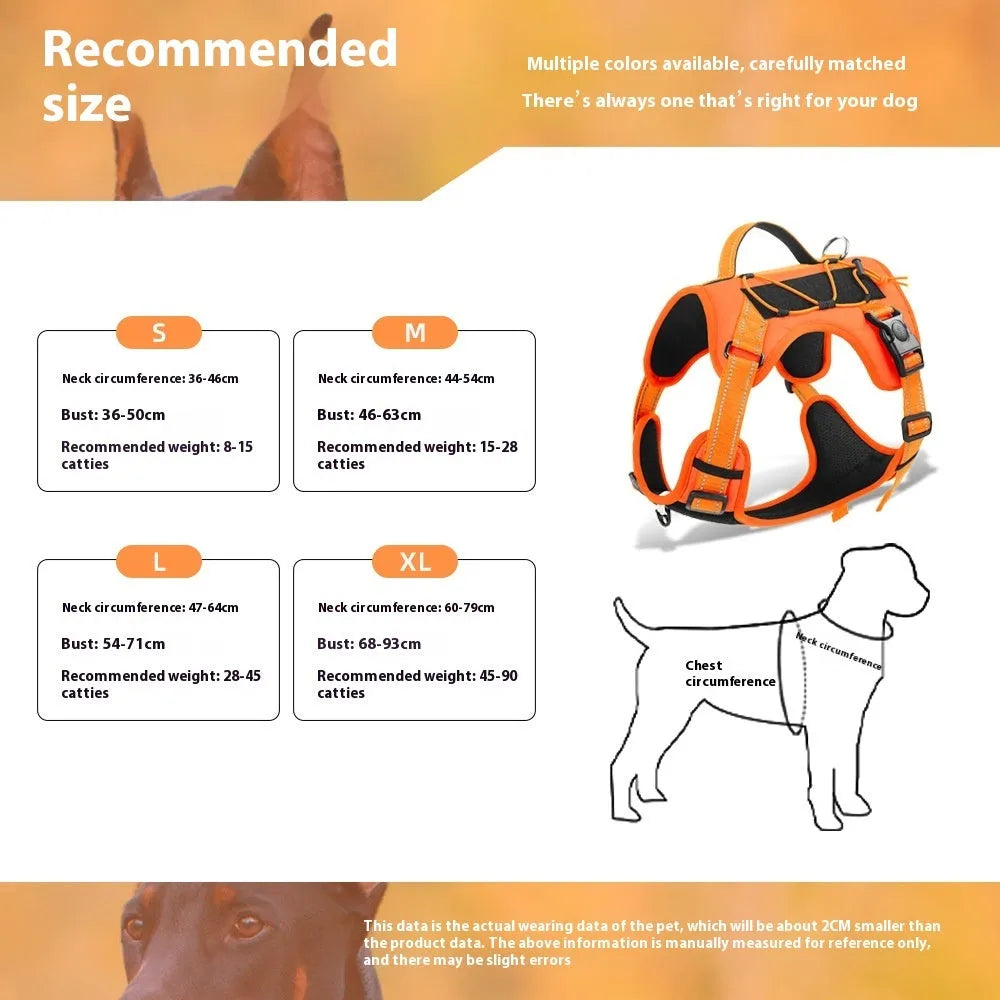Orange reflective dog harness with black hand-holding rope shown on a dog.