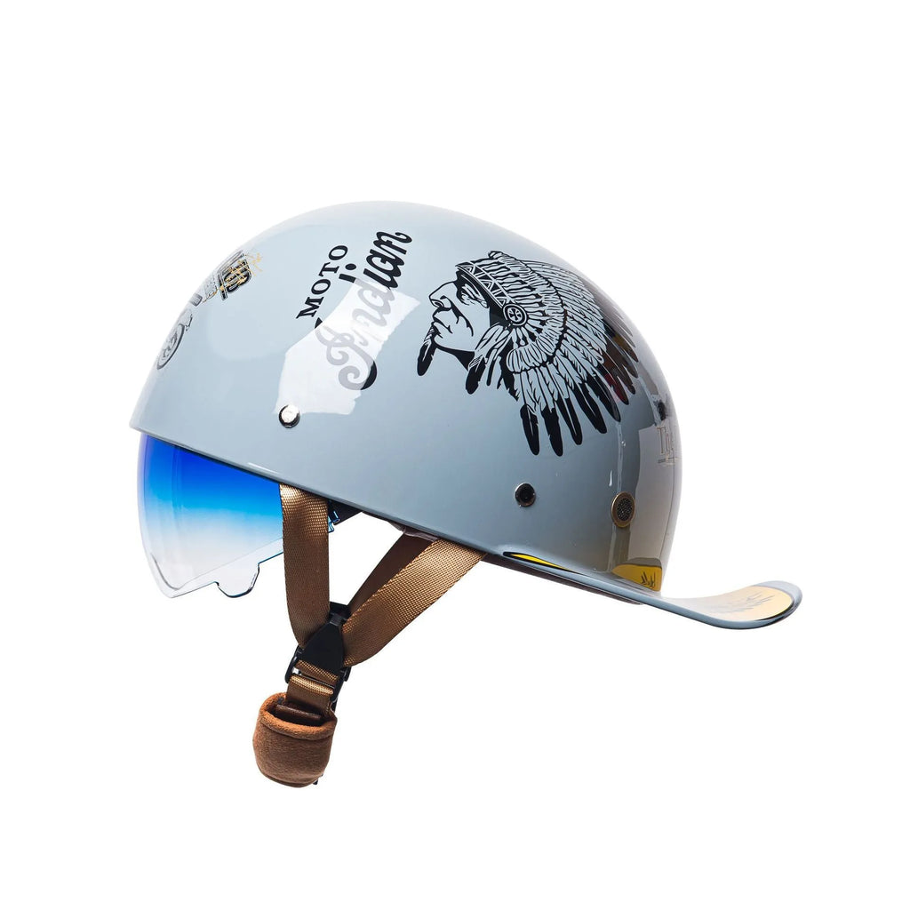 Men's retro half-shell electric bicycle helmet in bright black gradient blue with blue lens