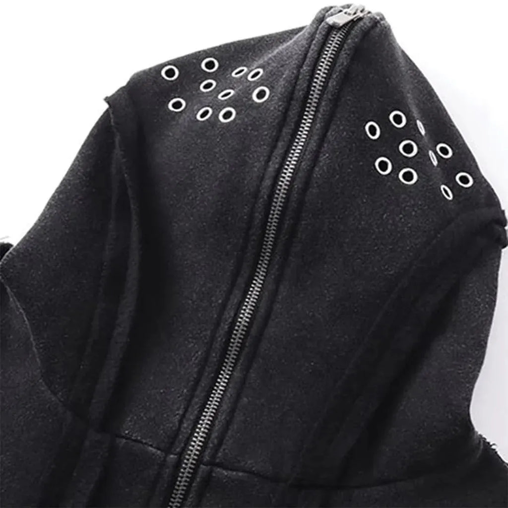 Black men's cotton hooded cardigan coat with retro abstract pattern and zip closure