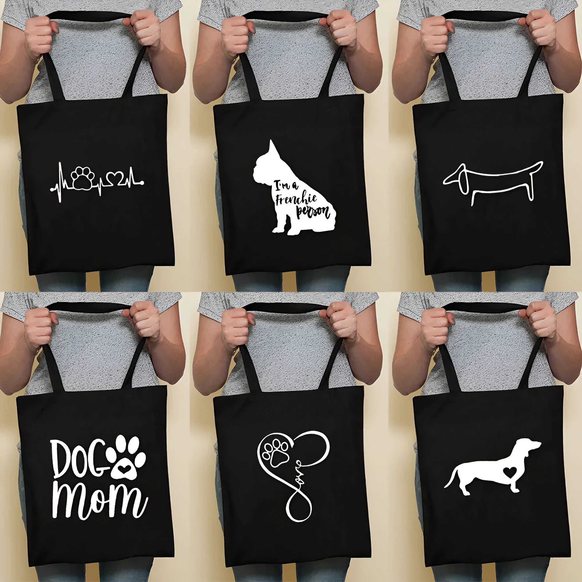 Sausage dog printed canvas bag in black with white dog design on front, sturdy tote for everyday use