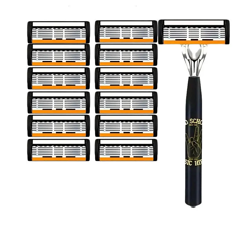 Black manual shaver handle with six-layer finger grip design and multiple blade configurations