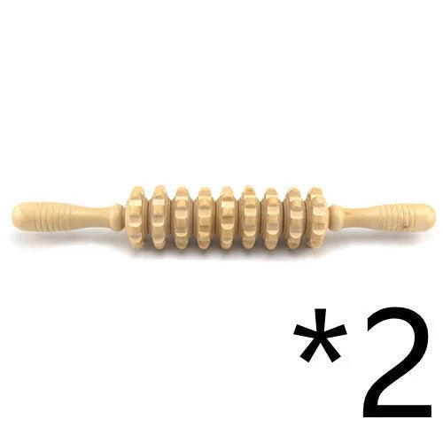 Wooden massage roller 38cm placed on surface, used for back and leg muscle trigger point recovery
