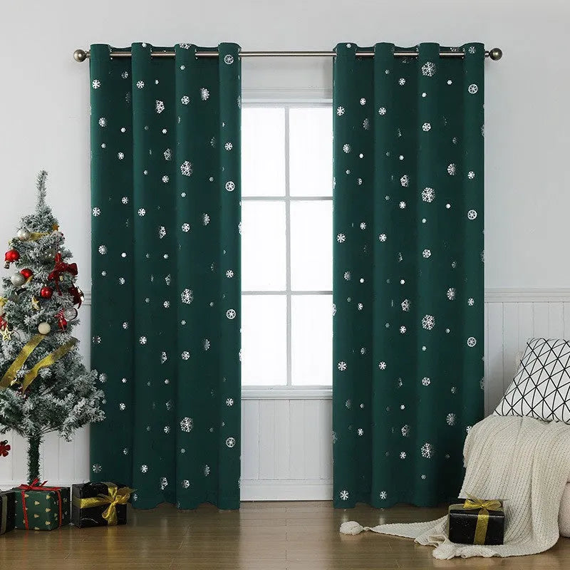 Snowflake pattern shade cloth curtain in red with iron hoop trim showing modern simplicity styling