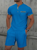 Men's waffle texture short sleeve suit set with zipper polo collar and shorts in solid colour