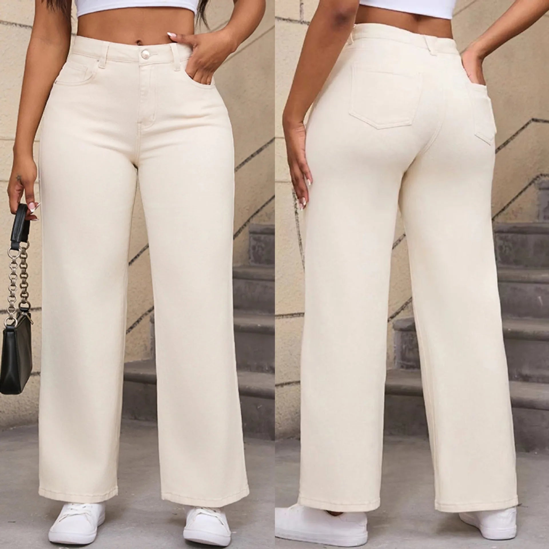 Women's straight leg jeans with wide leg silhouette in apricot colour showing high waist design