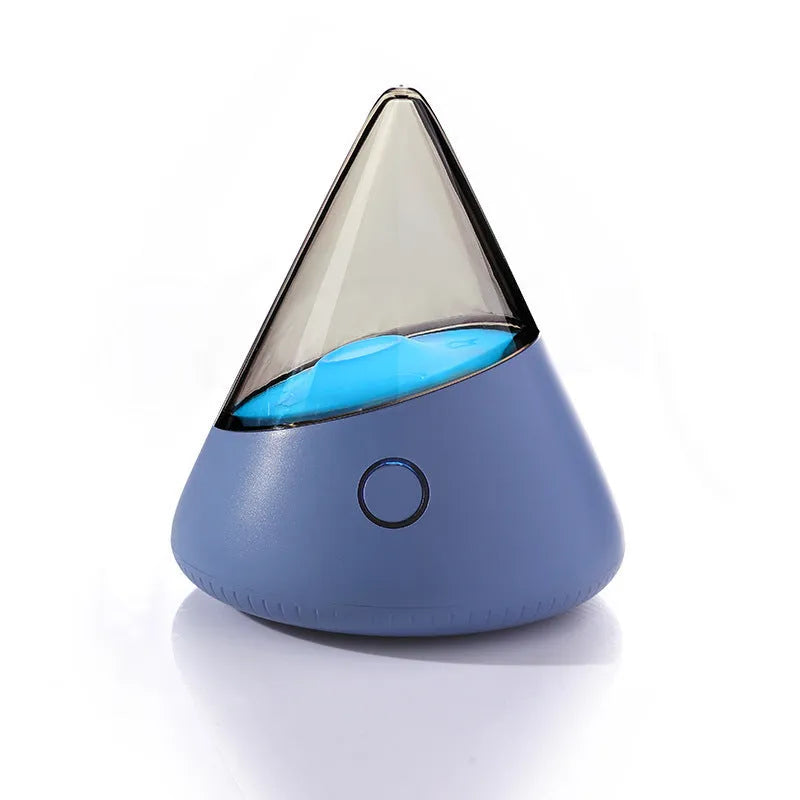 Colourful small geometric night lamp with built-in battery and Type-C charging cable on a wooden shelf