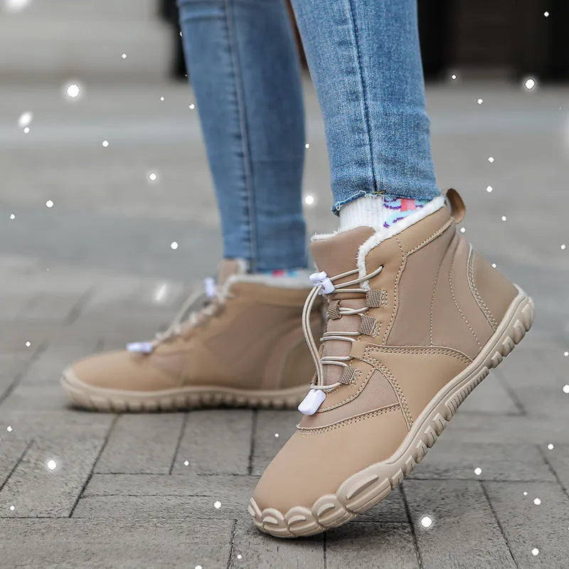 Waterproof fleece-lined snow boots with lace-up front and rubber soles in black, pink, or khaki