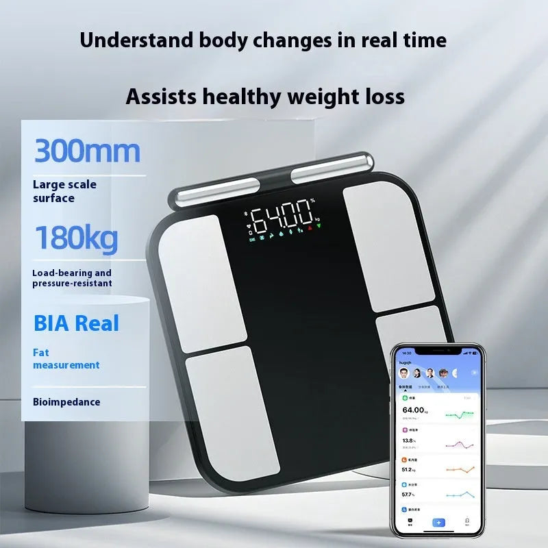 Black electronic weighing scale with tempered glass platform and colour screen display showing body composition metrics