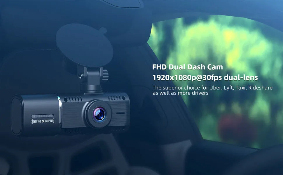 Black dual-channel car dash camera with 1.5-inch screen for front and rear recording.