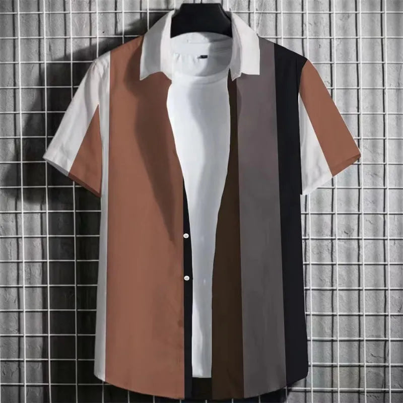 Men's striped linen short sleeve T-shirt with a 3D printed pattern in a solid colour.