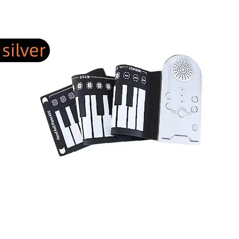 Portable folding electronic keyboard with roll-up silicone keys and ABS control panel in black, silver, or white.