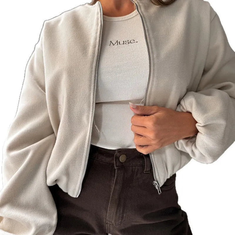 Women's off-shoulder round neck short coat with lantern sleeves in brown colour