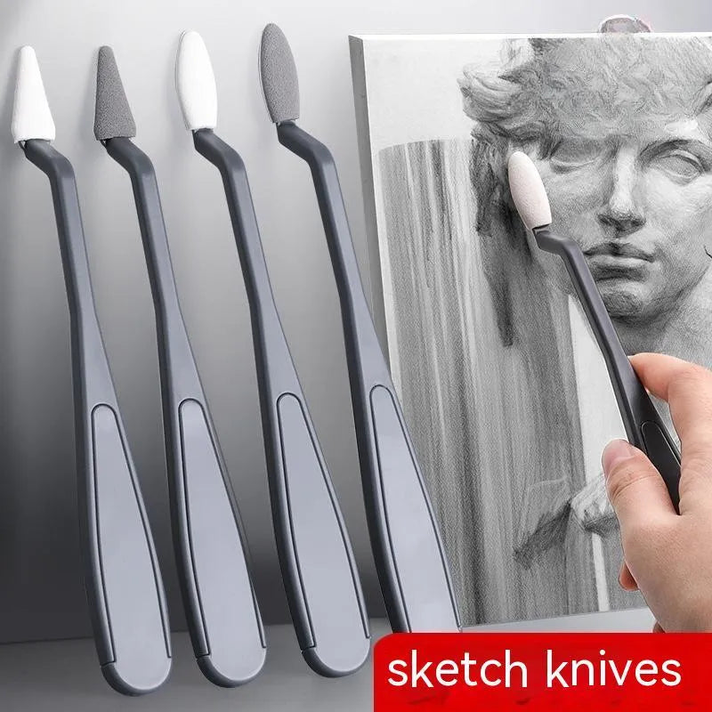 Plastic sketch rubbing knife tool with a fluorescent pen eraser smear tip for art corrections.