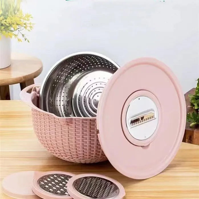 Rotatable 4-in-1 kitchen draining basket with stainless steel blades in Nordic colour on a countertop