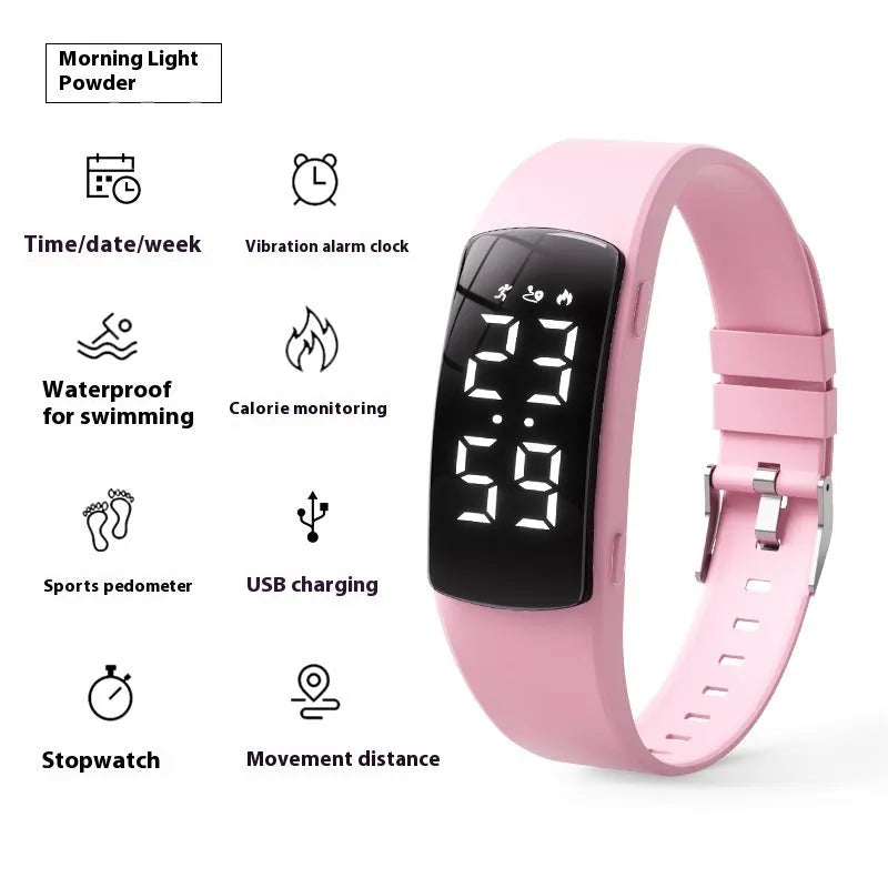 Electronic vibration alarm watch with LED display and silicone strap showing waterproof rating of 50 metres